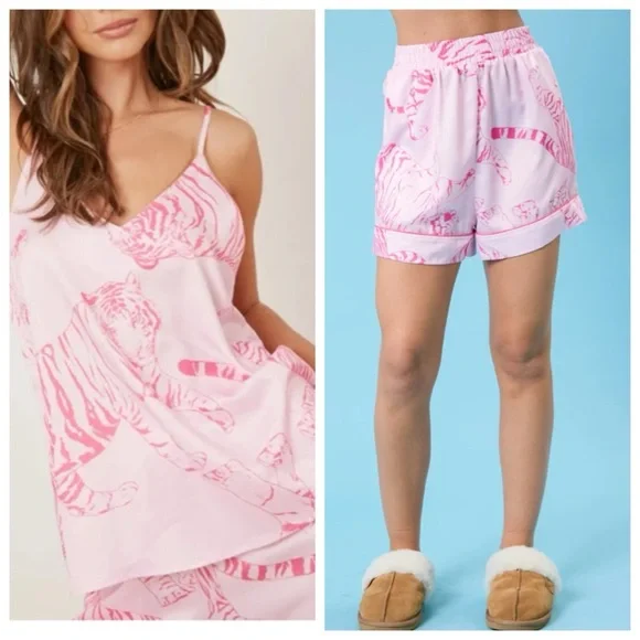 Peach Love‎ California Fashion V Neck Tiger Cheetah Print Sling Home Pajamas Set - Picture 2 of 15